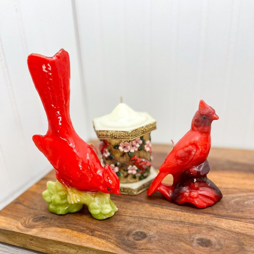 Set of 3 Vintage Red Cardinal Candles - Emperor‎ Art Creations Carved Candle -